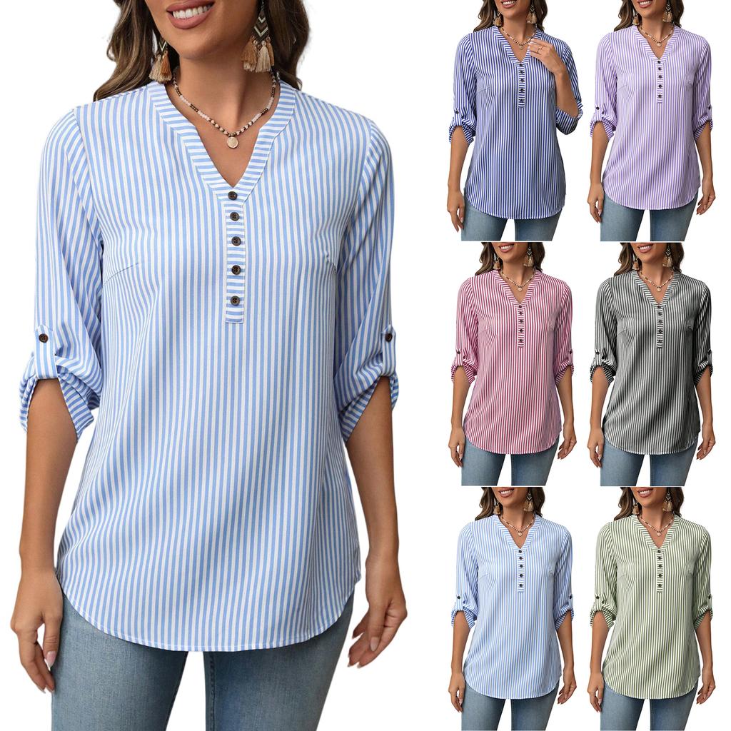 Ladies' Fashionable And Casual Semi Open V-neck Seven Quarter Sleeve Striped Versatile Design Top