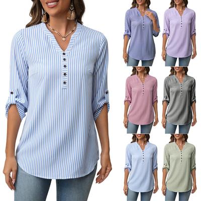 Women Casual Half Placket V Neck Three Quarter Sleeve Striped Blouse Relaxed Fit Versatile Tunic Top for Everyday Wear