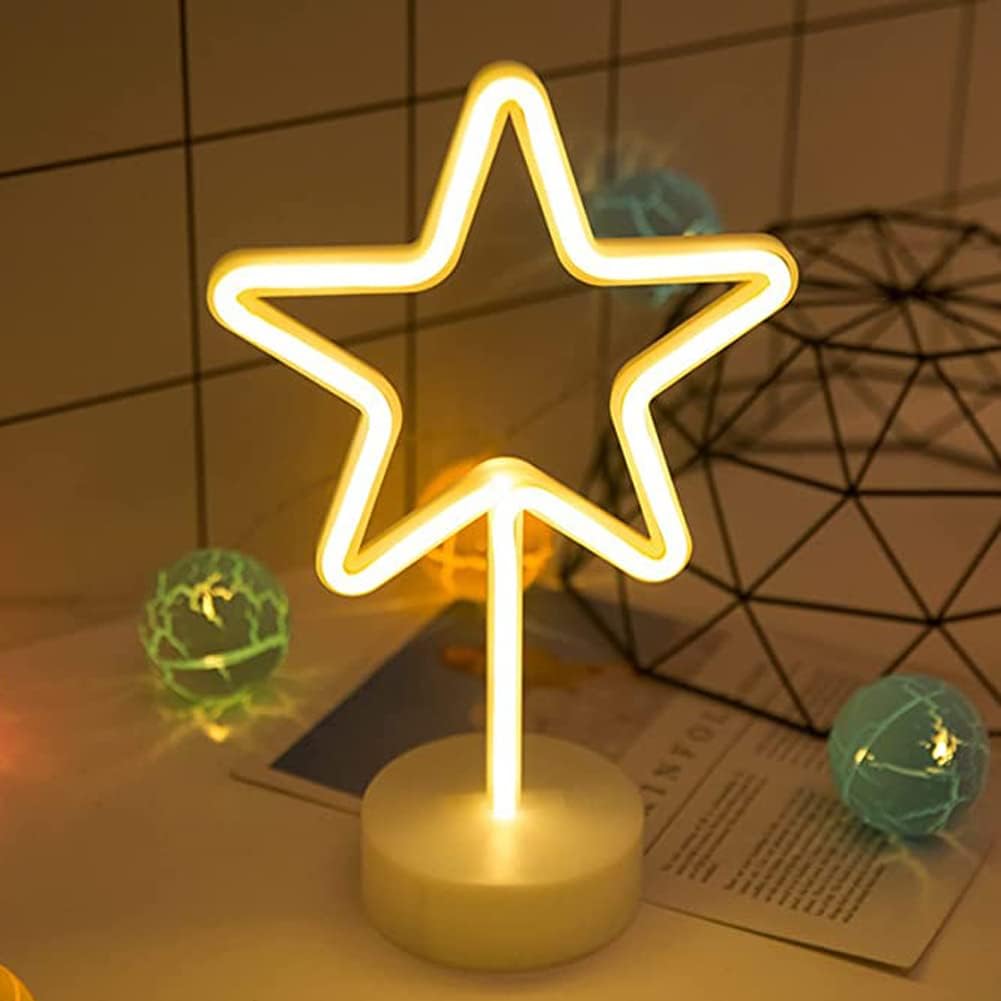 Star Neon Sign Light with Base Star Shape LED Night Light Table Lamp Party Christmas Birthday Star Light Decor, USB or
