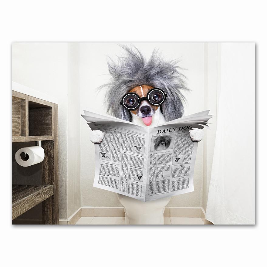 Dog Reading Newspaper Toilet Wall Art Canvas Prints Funny Dog Painting Wall Picture Home Bathroom Decor Dogs Lover Gift