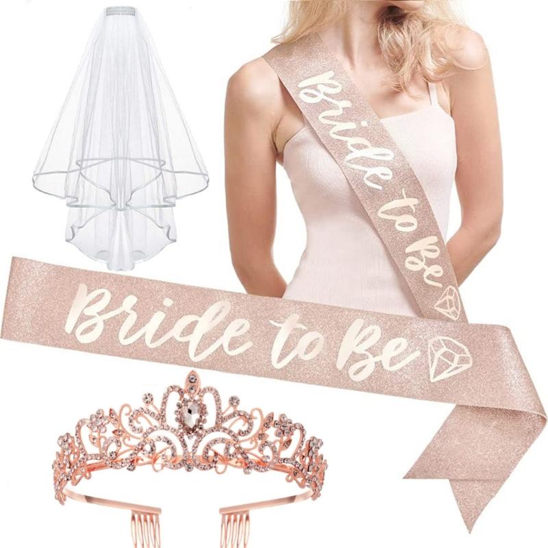 Bridal Veil Sash Crowns Set Handmade Jewelry Accessories for Wedding and Bachelorette Party Bride To Be Decoration
