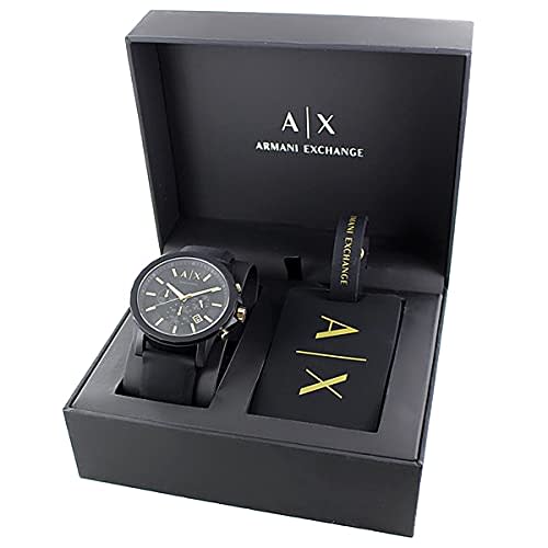 Armani Exchange Men's [Special Box Set] Chronograph Watch with Travel Tag and Name Tag, Black and Gold, AX7105