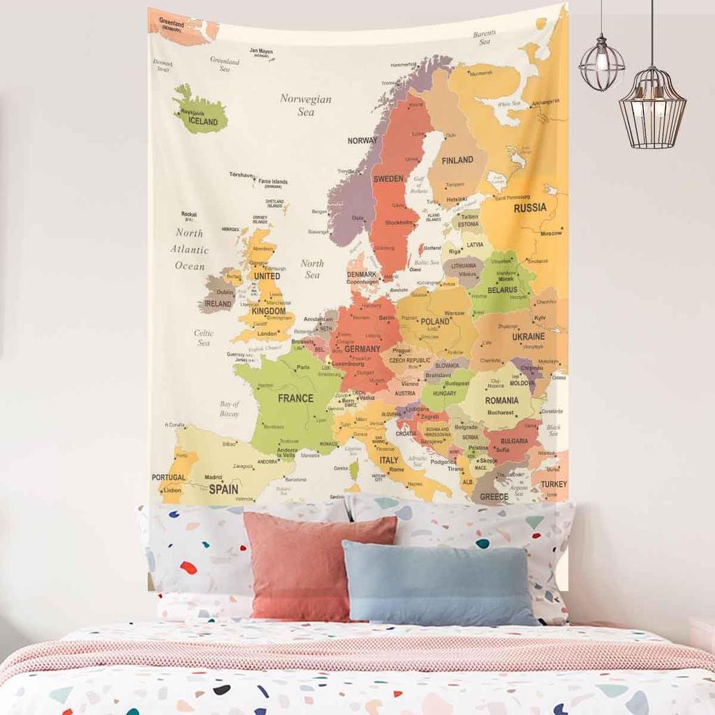 BULOR  Map Tapestry Wall Hangings EU Euro Vintage Map with Countries Cities Tapestry For Kids Student Bedroom Living Room Dorm Cave Background