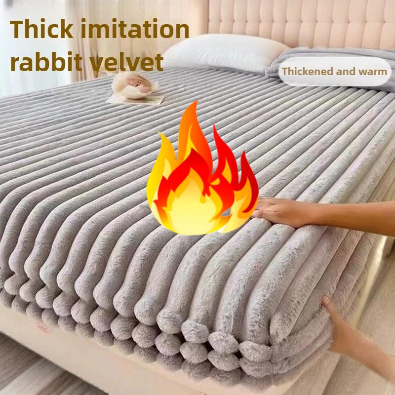 2025 Rabbit Velvet Thicken Autumn Winter Fitted Sheet Set or Only 1 Pcs Fitted Sheets Warmth Bed Sheet Queen Mattress Cover King Size