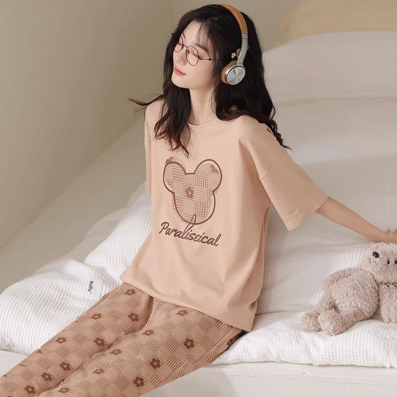 Summer Pure Cotton Pajamas Women's Pullover Sweet Casual Short-sleeved Cropped Pants Can Be Worn Outside Loungewear Student Dormitory Set