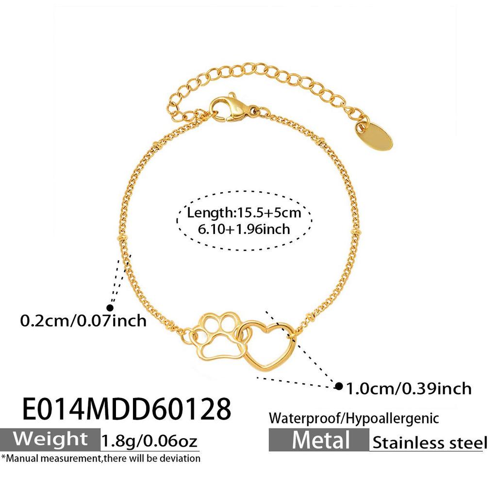 Stainless Steel Gold-Plated Cat Paw Heart Chain Bracelet - Cute & Versatile Fashion Accessory