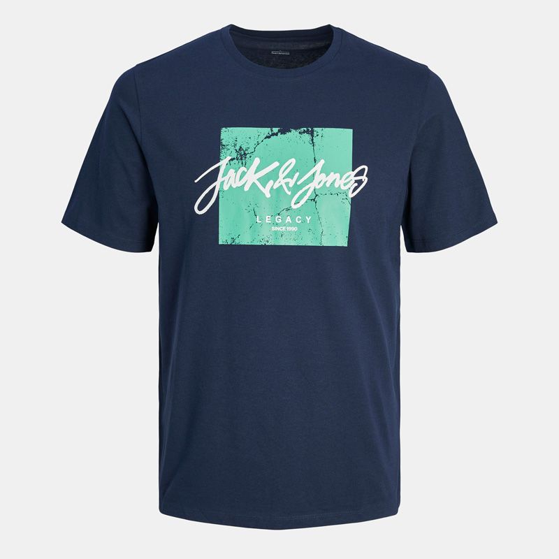 Tee shirt bleu marine Tiley regular fit imprimé block avec logo col rond Homme JACK & JONES