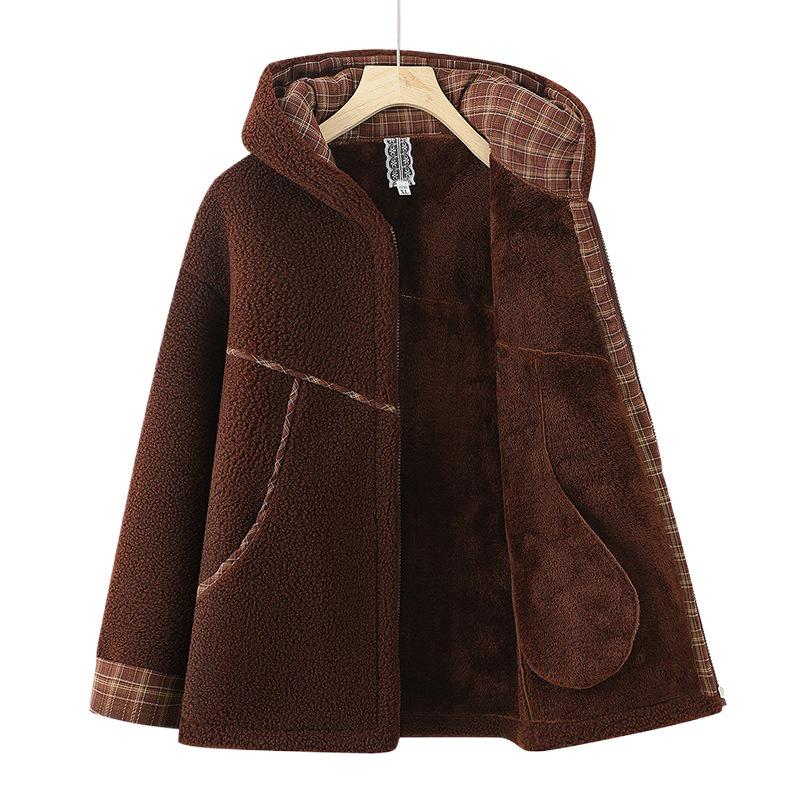 New Style Winter Plus Velvet Thick Fleece Hooded Zipper Jacket for Middle-Aged & Elderly Women