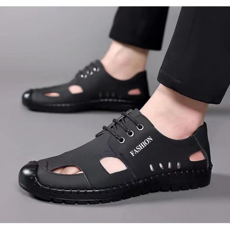 Summer sandals men's soft-soled soft-sided beach shoes casual breathable driving shoes non-slip leather-faced bag head shoes men