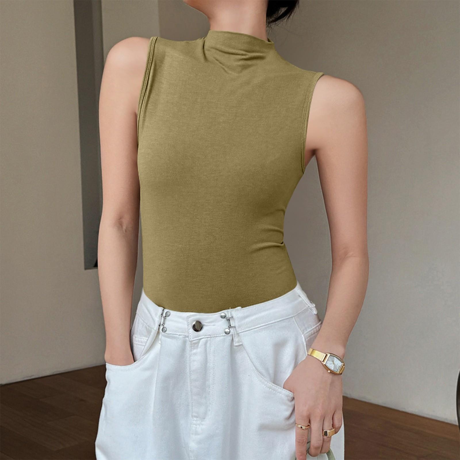 

Women s Cotton Small Vest Suit Half High Neck With A Sleeveless Bottom Top L армия зеленый