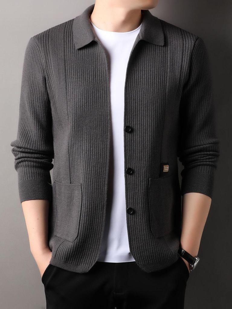 Men's Solid Color Knit Cardigan - Anti-Pilling Casual Jacket for Autumn/Winter 2024