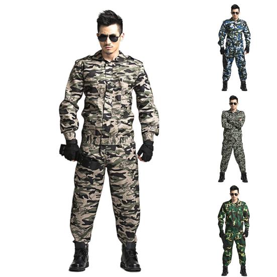 2Pcs/Set Lapel Long Sleeve Zipper Buttons Placket Cargo Coat Pants Men Multi Pockets Camouflage Print Work Training Outfit Male Clothing