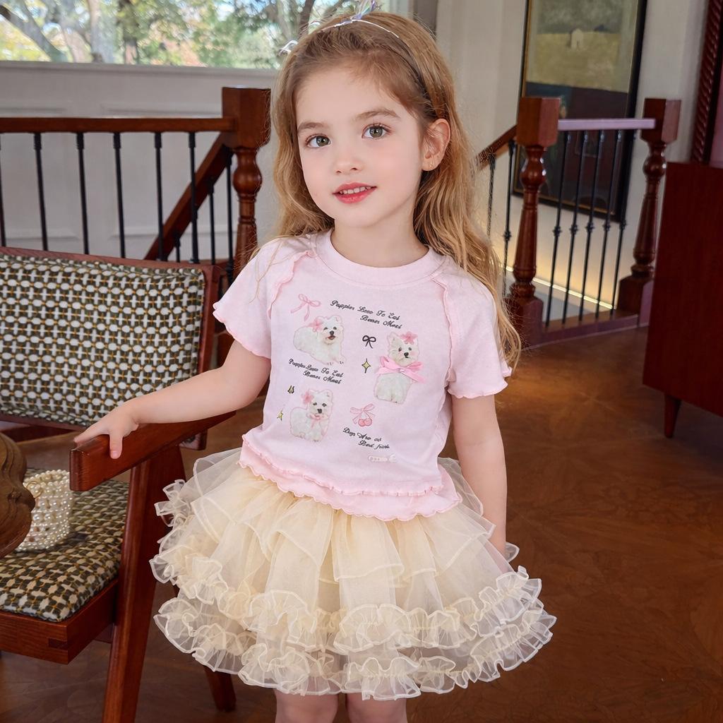 Girls Summer Cotton Cartoon T Shirt Sweet Lace Short Sleeve Top Baby Cute Thin Blouse