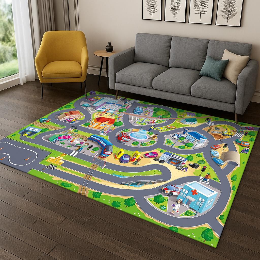 Child Playmat Highway Simulated City Traffic Carpet Rug for Bedroom Living Room Sofa Doormat Decor,Kid Game Non-slip Floor Mat