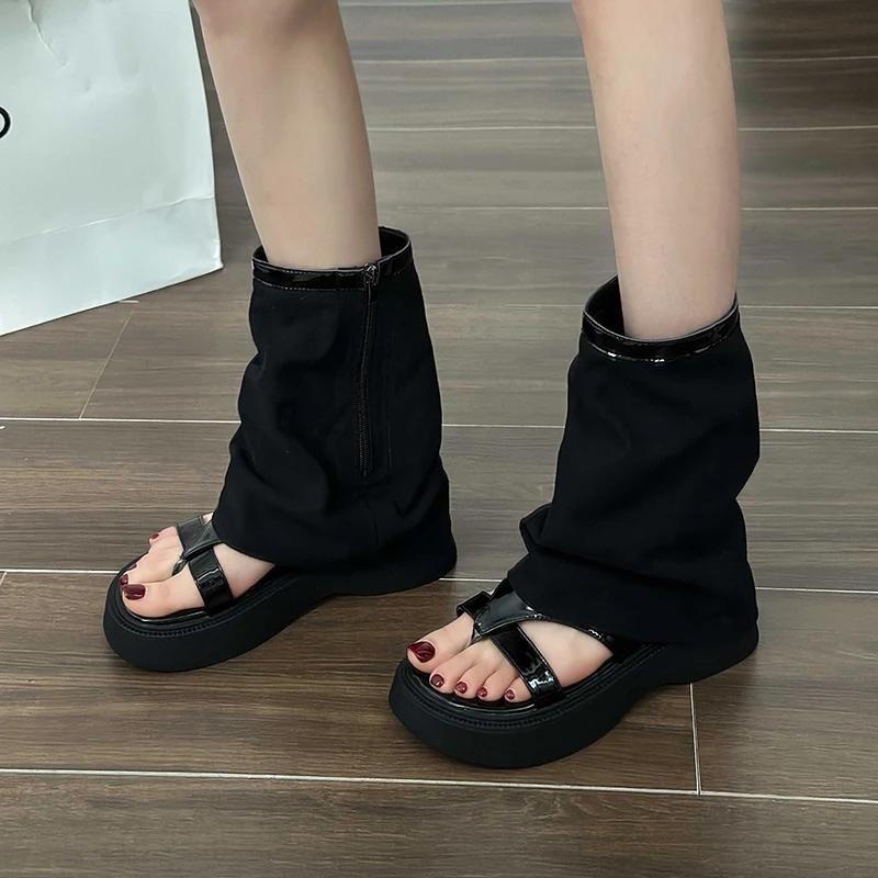 2025 Summer Women's Platform Ankle Boots Retro Thong Sandals with Side Zip Pull-On Design for Casual Outdoor & Daily Fashion