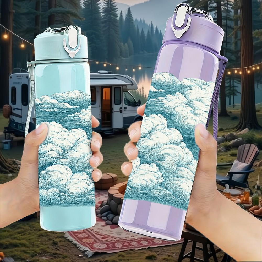 1PC Soft White Blue Cumulus Cloud Texture Print 750ml Color Plastic Sports Water Bottle Leakproof Flip Straw Lid Suitable for Sports Office Home Use