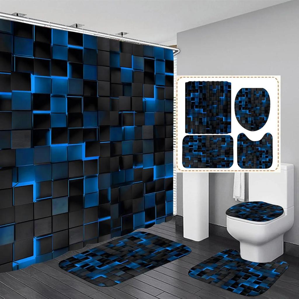 4Pcs Waterproof Shower Curtain Set Bathroom Curtain with Entrance Doormat Toilet Seat Cover Rug Anti-Slip Floor Mat Bath Decor