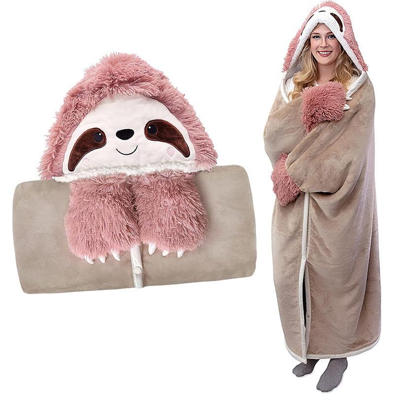 Cute Winter Sloth Cape with Gloves Cartoon Animal Hooded Flannel Blanket Leisure Cozy Wearable Blanket for Home & Christmas