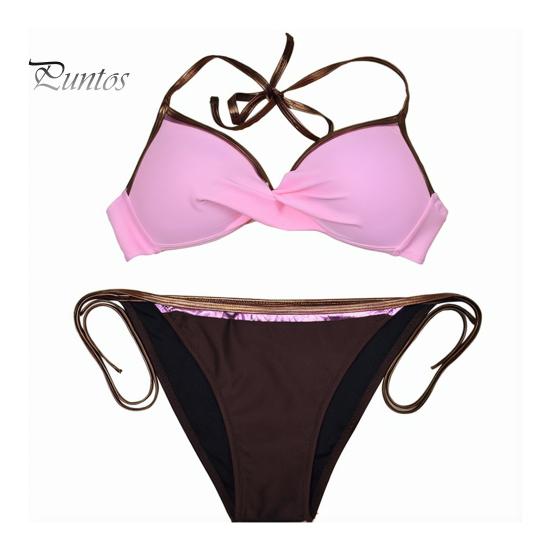2Pcs/Set Women Sexy Bikini Set Halter V-neck Sleeveless Bra Low-rise Briefs Set Contrast Color Lace-up Swimsuit Bathing Suit