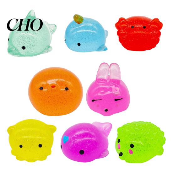 Kids Stress Relief Toy Mini Glitter Animal Squeeze Toy, Whale Hedgehog Dolphin Crab Rabbit Gadget Pinch Anxiety Stretchy Ball, Party Favors