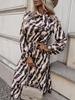 European and American Fashion Zebra Print Long Sleeve Dress with Bow Waist