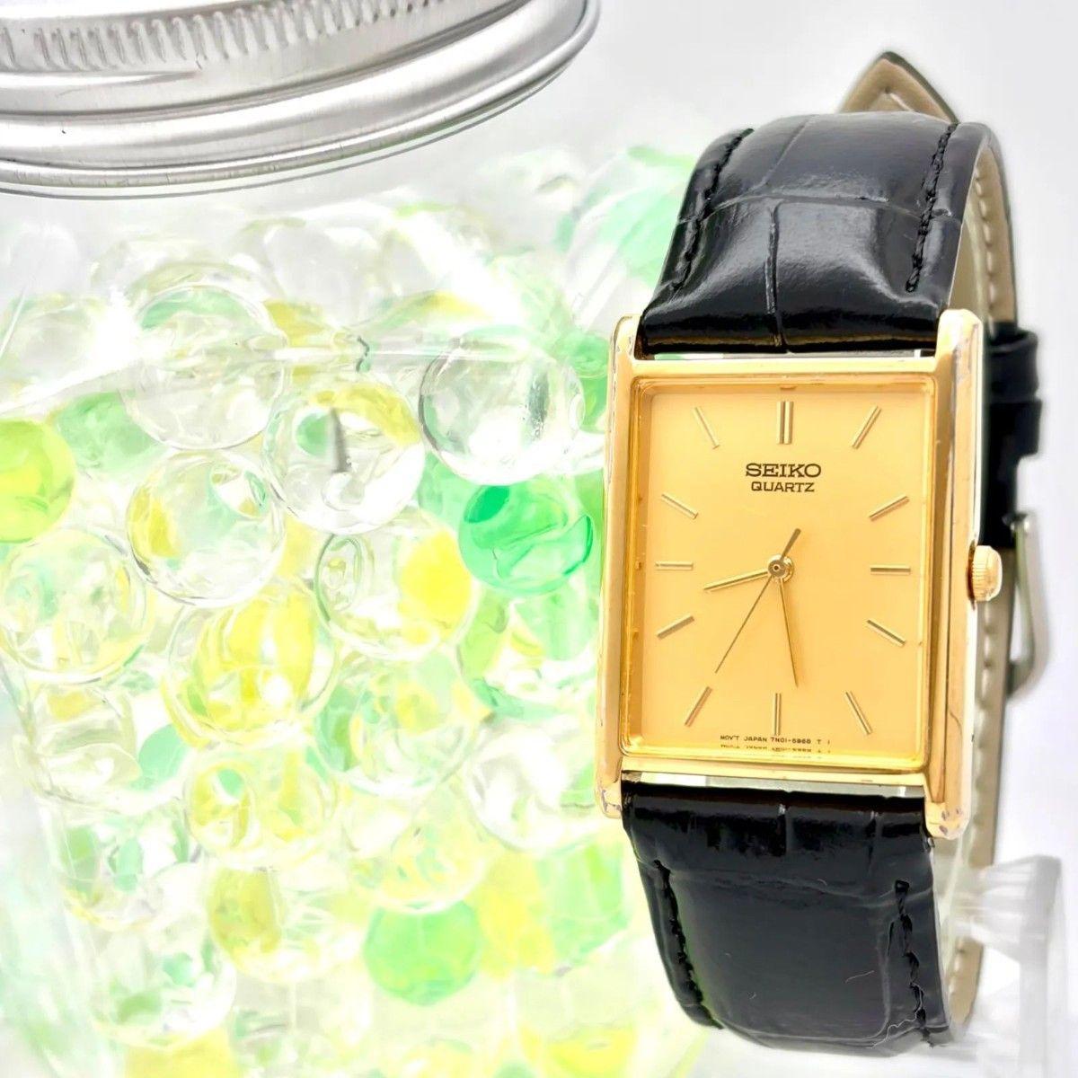[New Battery] SEIKO Men s Watch Gold Rectangular 7N01-5B40 293066 New Belt