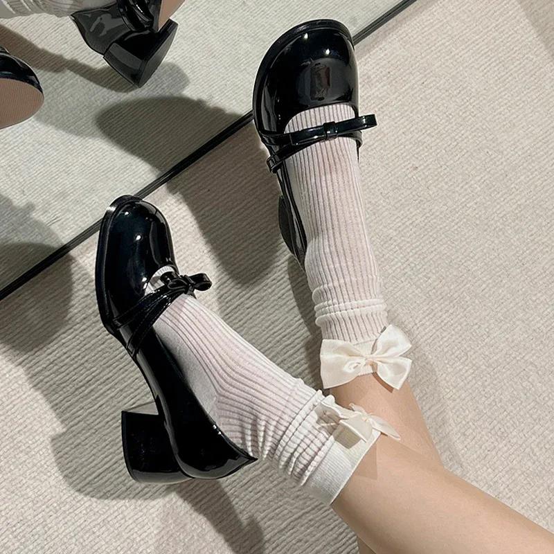 

High Heels Women Bow Shoes Shallow Mary Jane Fashion Shoes Designer Chunky Dress New Luxury Sexy Pumps Lolita Shoes Femme 40 чёрный