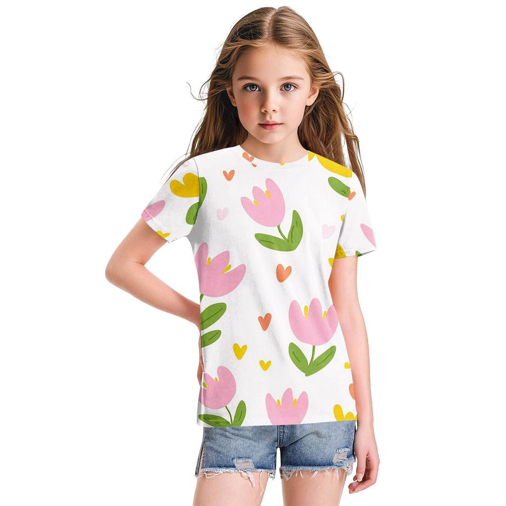 Top Casual Fashion Soltinho com Estampa Floral Fofa, Gola Redonda e Manga Curta para Crianças