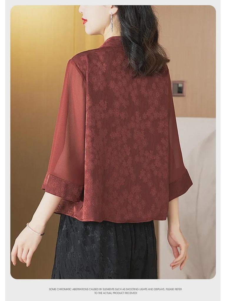 2024 Spring Women's Embroidered Buttoned Top - Irregular Design, Three-Quarter Sleeves