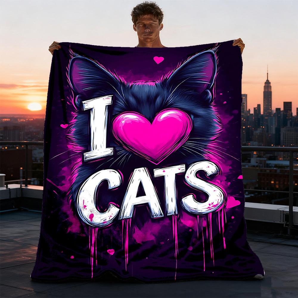 1pc I Love Cats Print Outdoor Blanket, Lightweight Polyester,