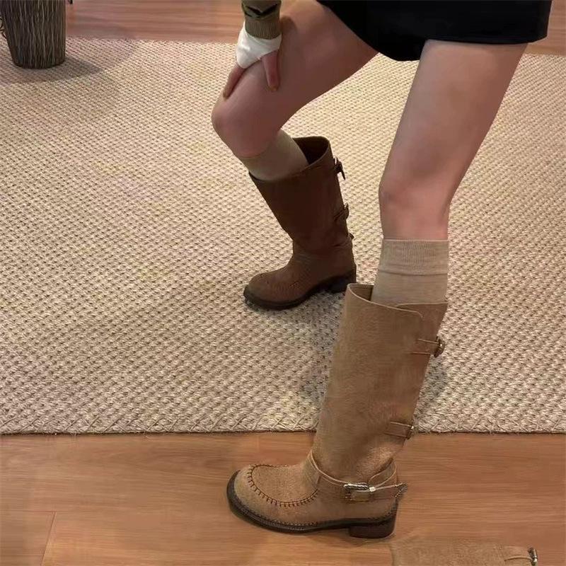 Frosted retro boots women's 2025 autumn new belt buckle knight boots but knee two wear boots boots tide