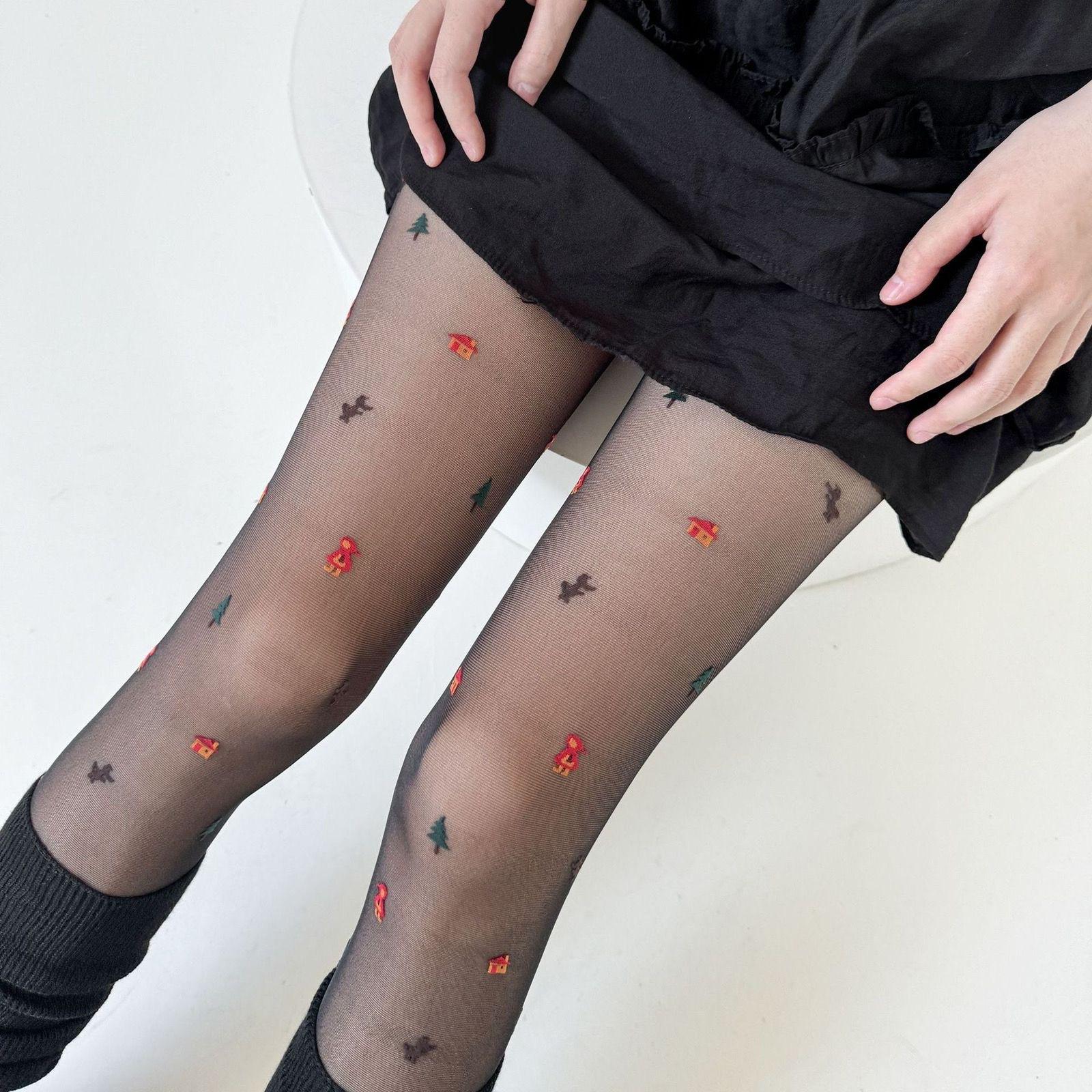 

Christmas Holiday Ultra-Thin Cute Tree House Element Pantyhose for Women Sweet Japanese Style New Jacquard Stockings for Womenfolk One Size
