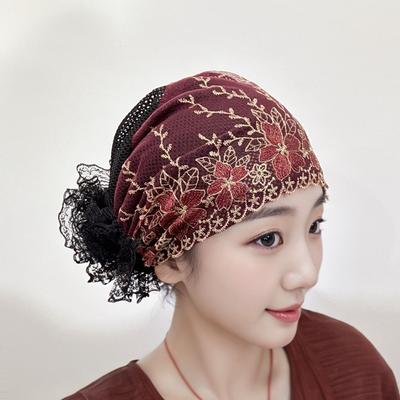 New Flower Embroidery Bonnet Hat Full Cover Elastic Headwear Breathable Cover White Hair Turban Hat Women