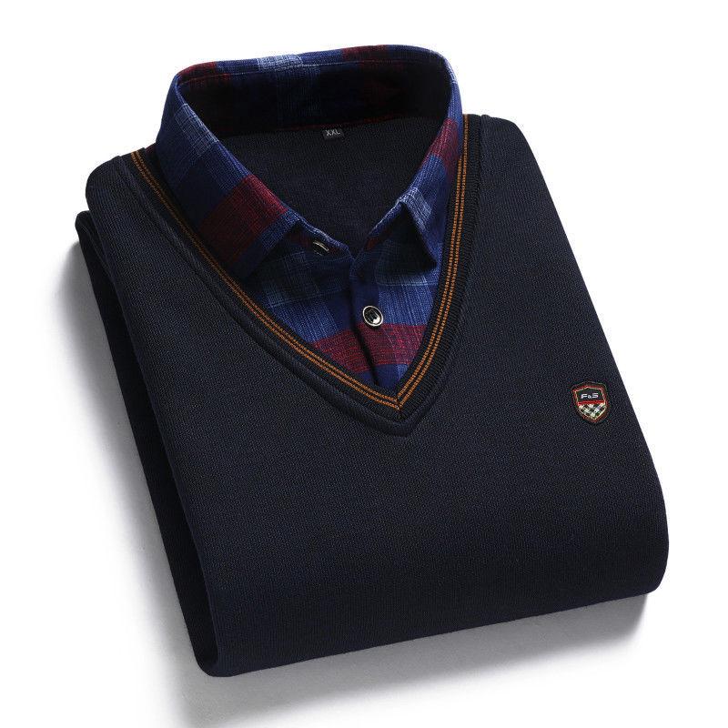 Men's Fleece-Lined Two-Piece Shirt Collar Sweater for Middle-Aged & Elderly