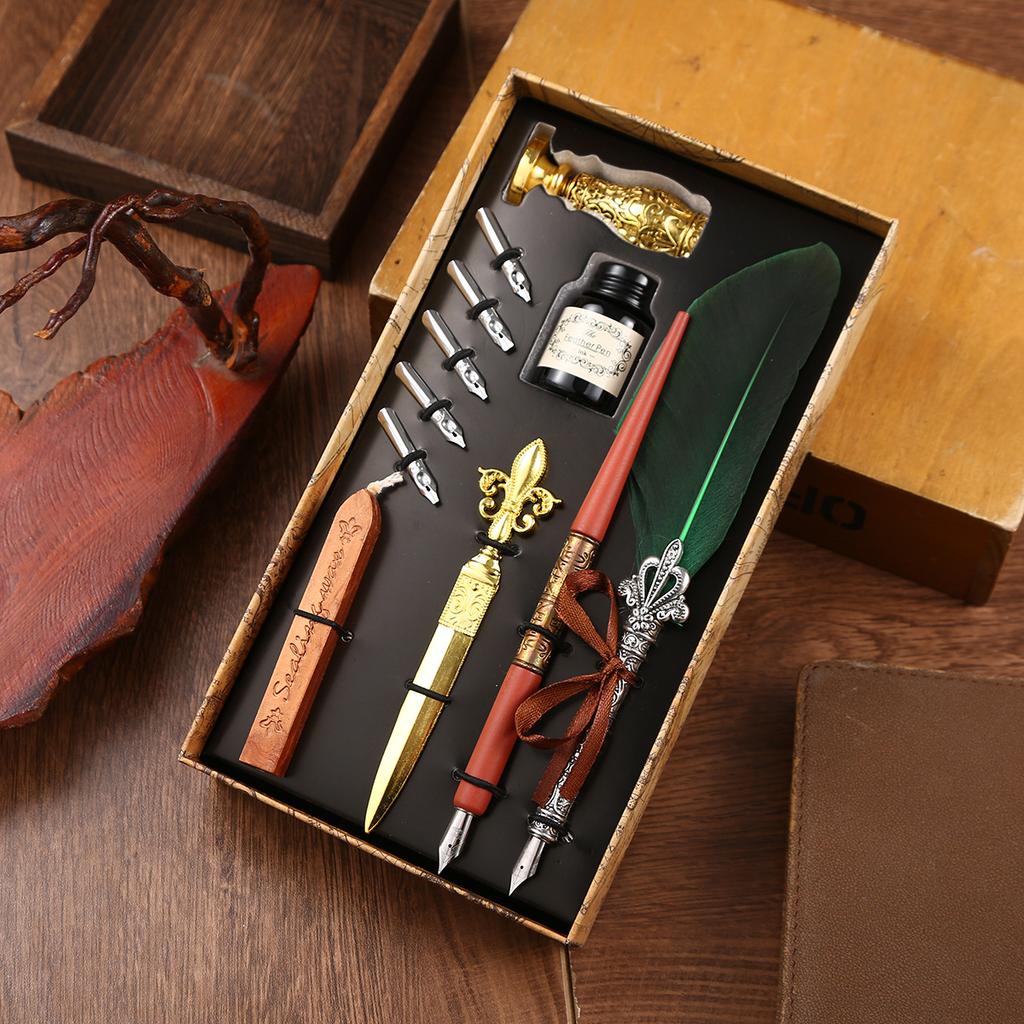 Britisches Federkiel-Set, Wachssiegel, Federkiel-Geschenkbox, Geschenk-Feder für Klassenkameraden zum Kindertag