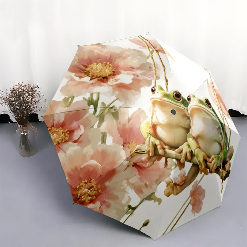 Frog and Flowers pattern, automatic folding umbrella, portable and foldable design, 8 ribs, a Christmas or birthday gift.