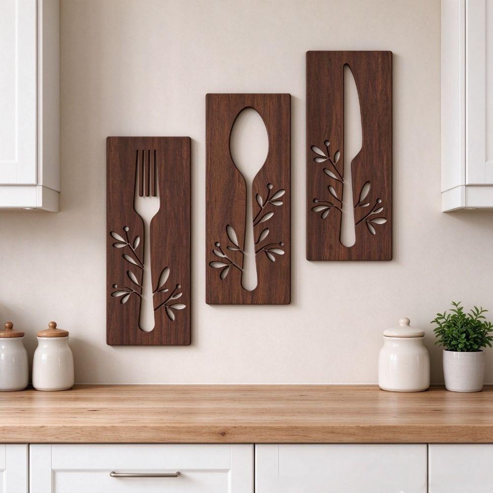 3pcs Hollow Out Kitchen Tools Wall Plaques Fork Wall Sticker Hangings Restaurant Decor
