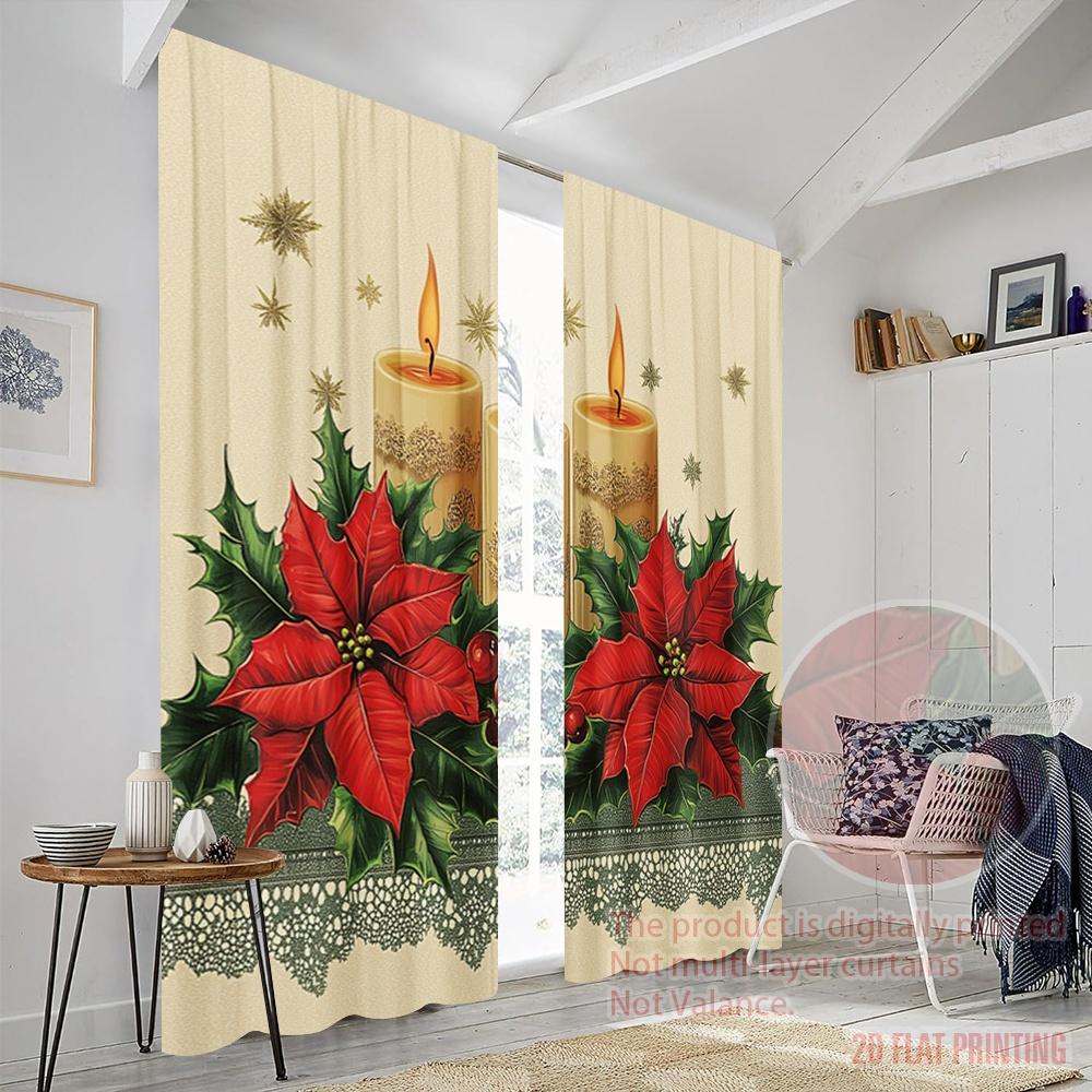 2pcs,2D Plane Printing Minimalist Curtains Christmas Candles Poinsettia Stars (2) Versatile Fabric (without Rod) Gifts for