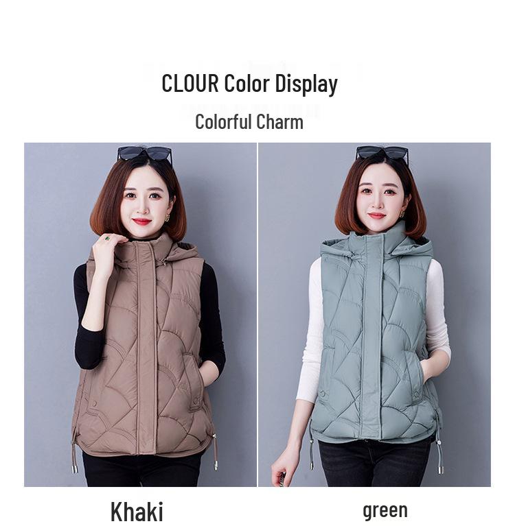 Stylish Hooded Down Cotton Vest for Middle-Aged Women, Windproof Warm Casual Jacket for Autumn/Winter