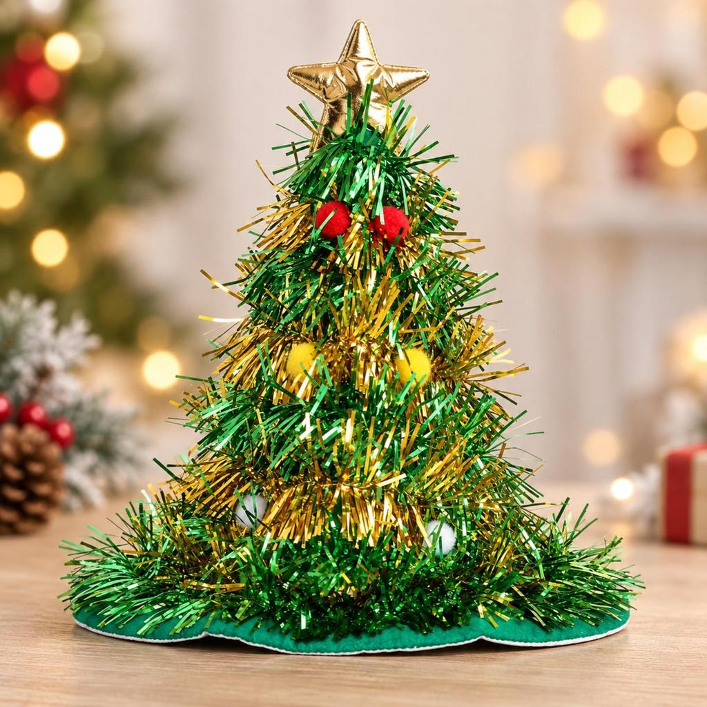 Christmas Tree Hat with Star Topper Festive Tinsel Whimsical for Holiday