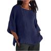 Seven Quarter Sleeve Pleated Round Neck Top Cotton and Linen Women’s Blouses & Shirts
