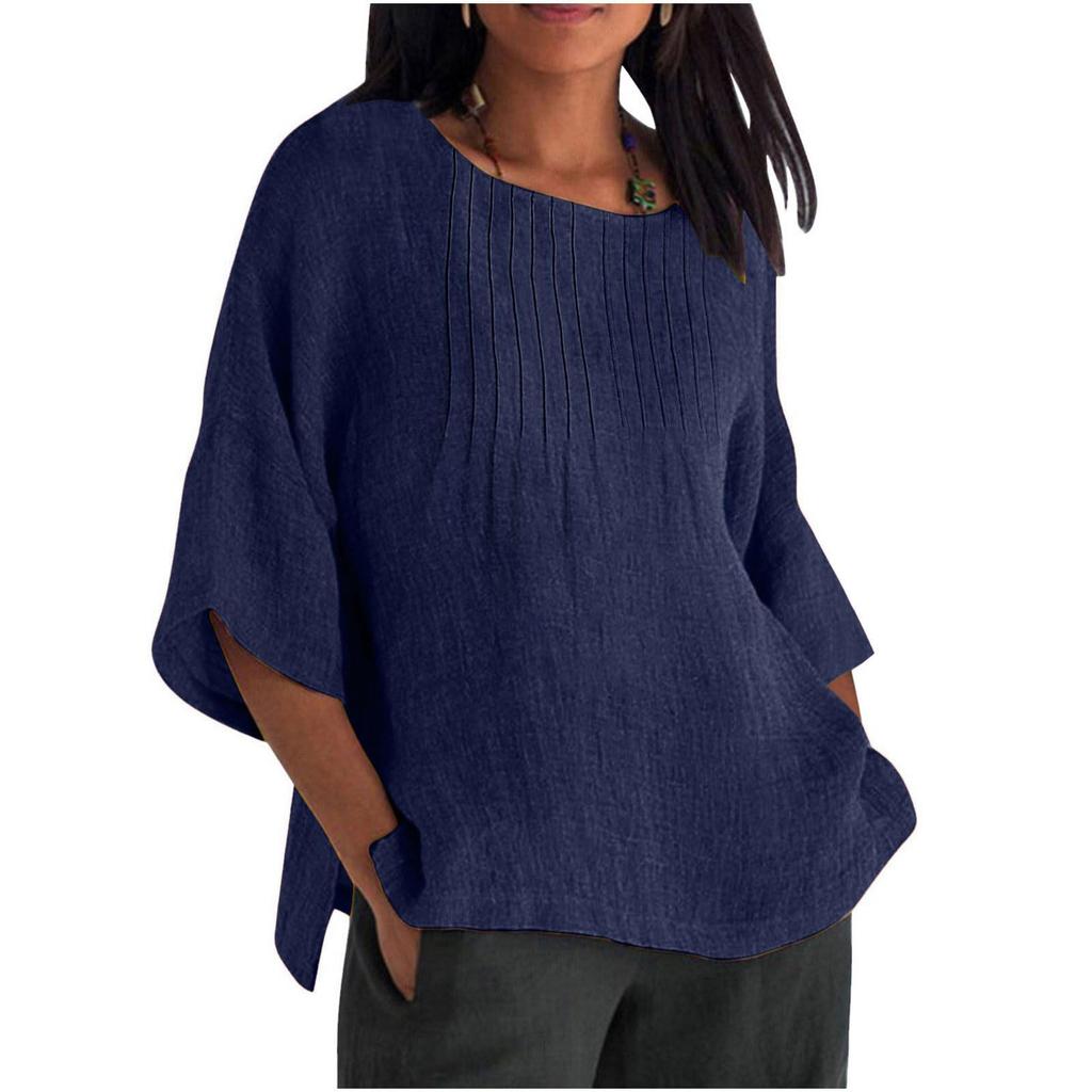 Seven Quarter Sleeve Pleated Round Neck Top Cotton and Linen Women’s Blouses & Shirts