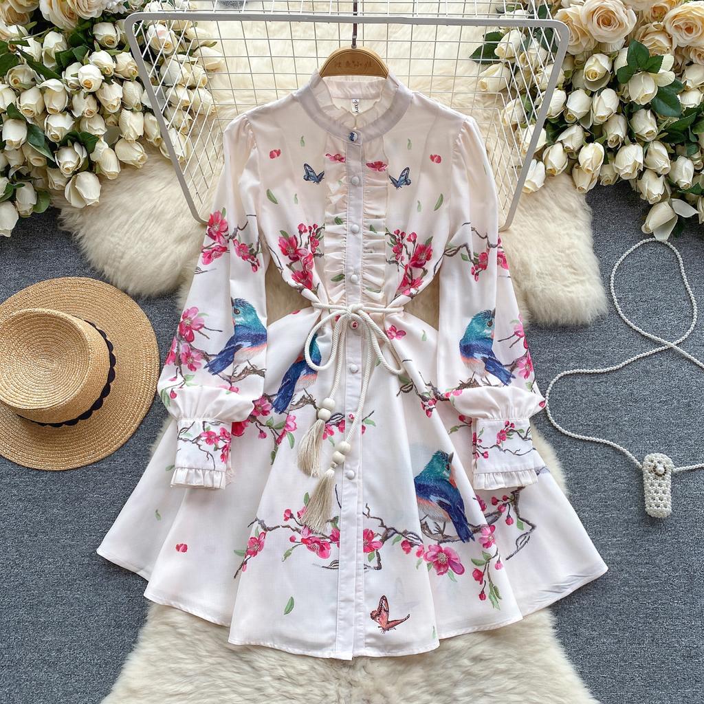 French Chic Retro Vestidos Female Long Sleeve Printed A-line Bodycon Dress Spring Lace-up Pleated Dresses Button Dropshipping
