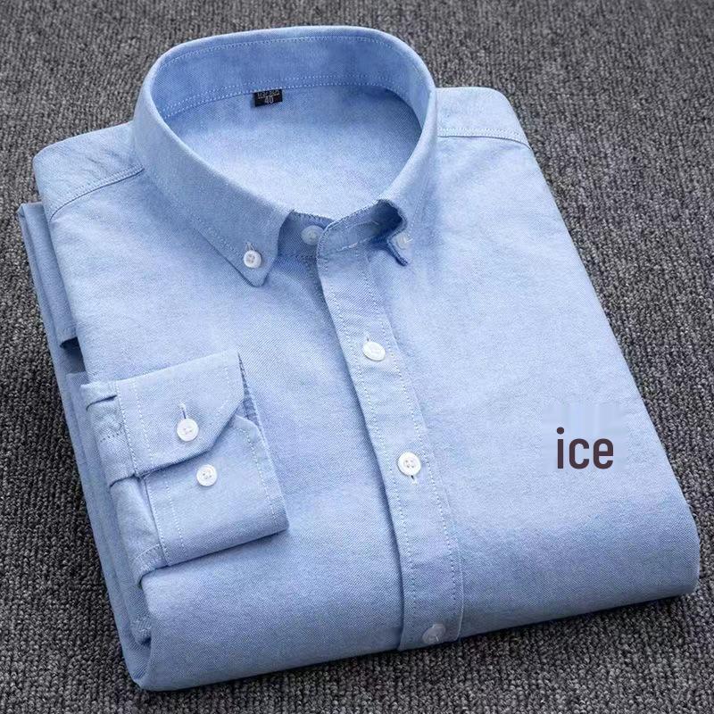 Men's Pure Cotton Embroidered Oxford Shirt - Long Sleeve, Solid Color, Spring/Autumn Business Casual