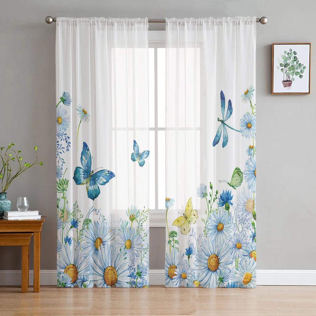 Wood Grain Retro Colorful Butterfly Chiffon Curtains Living Room Bedroom Home Decoration Window Voiles Tulle Curtain Light Filtering Polyester