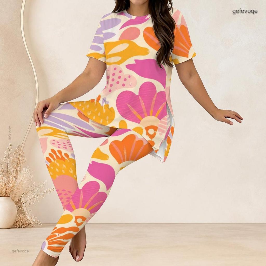 Women Plus Size Two Piece Set Round Neck Short Sleeve Floral Printed Longline Top Fitted Pants