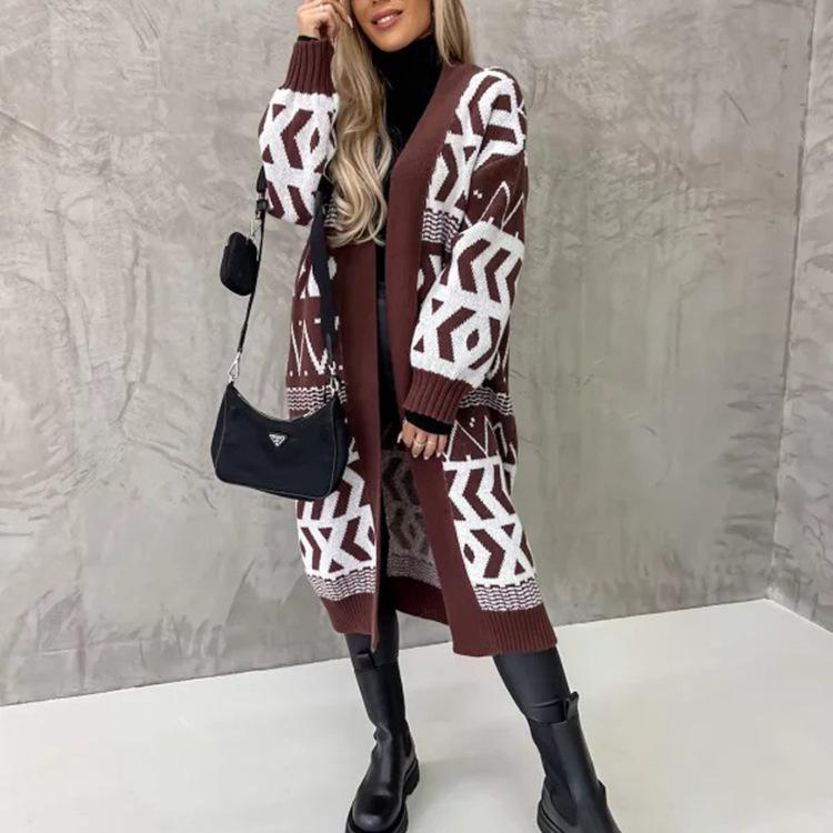 

2025 Women s Autumn/Winter V-Neck Geometric Color Block Knit Cardigan L верблюд