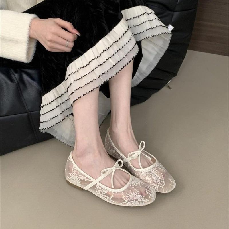 Mesh-Spitze Innenhöhe Damenschuhe Sommer neu sexy eckige Zehen flache atmungsaktive Ballerinas Schleife flache Schuhe