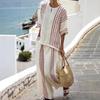 2025 European & American Women's Striped Linen Cotton 2-Piece Set: Round Neck Short Sleeve Top and Casual Pants.