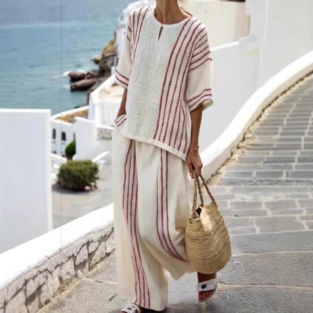 2025 European & American Women's Striped Linen Cotton 2-Piece Set: Round Neck Short Sleeve Top and Casual Pants.